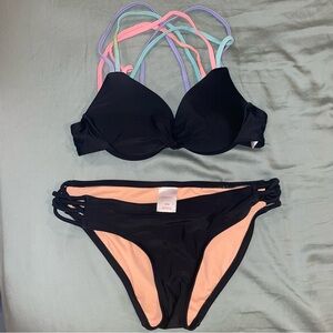 Xhilaration Black Bikini with Colorful Crisscross Straps